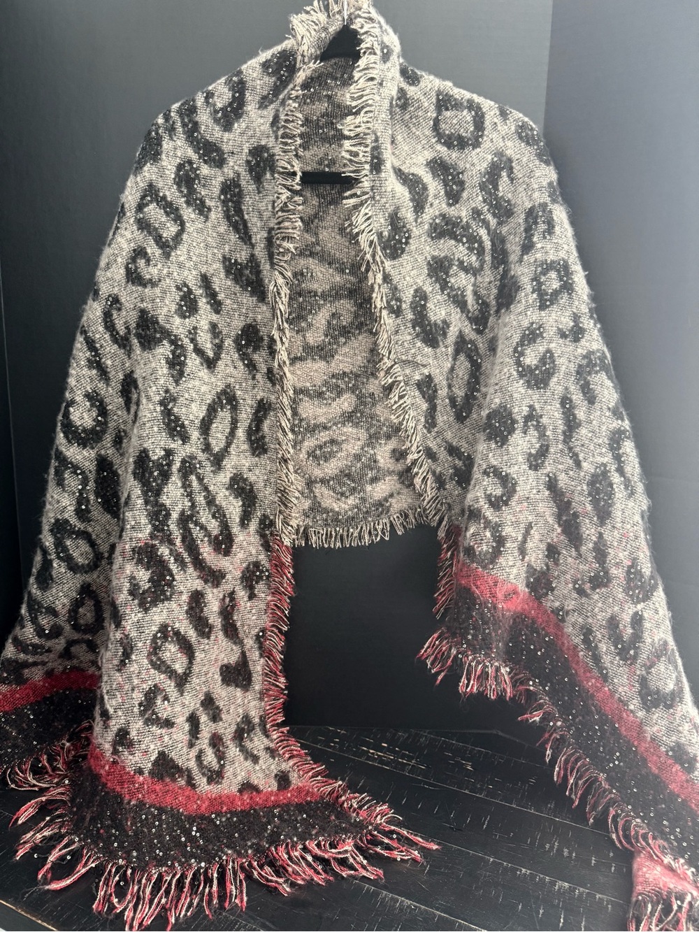 INC International Concepts Leopard Print Fringe Wrap in Gray and Red